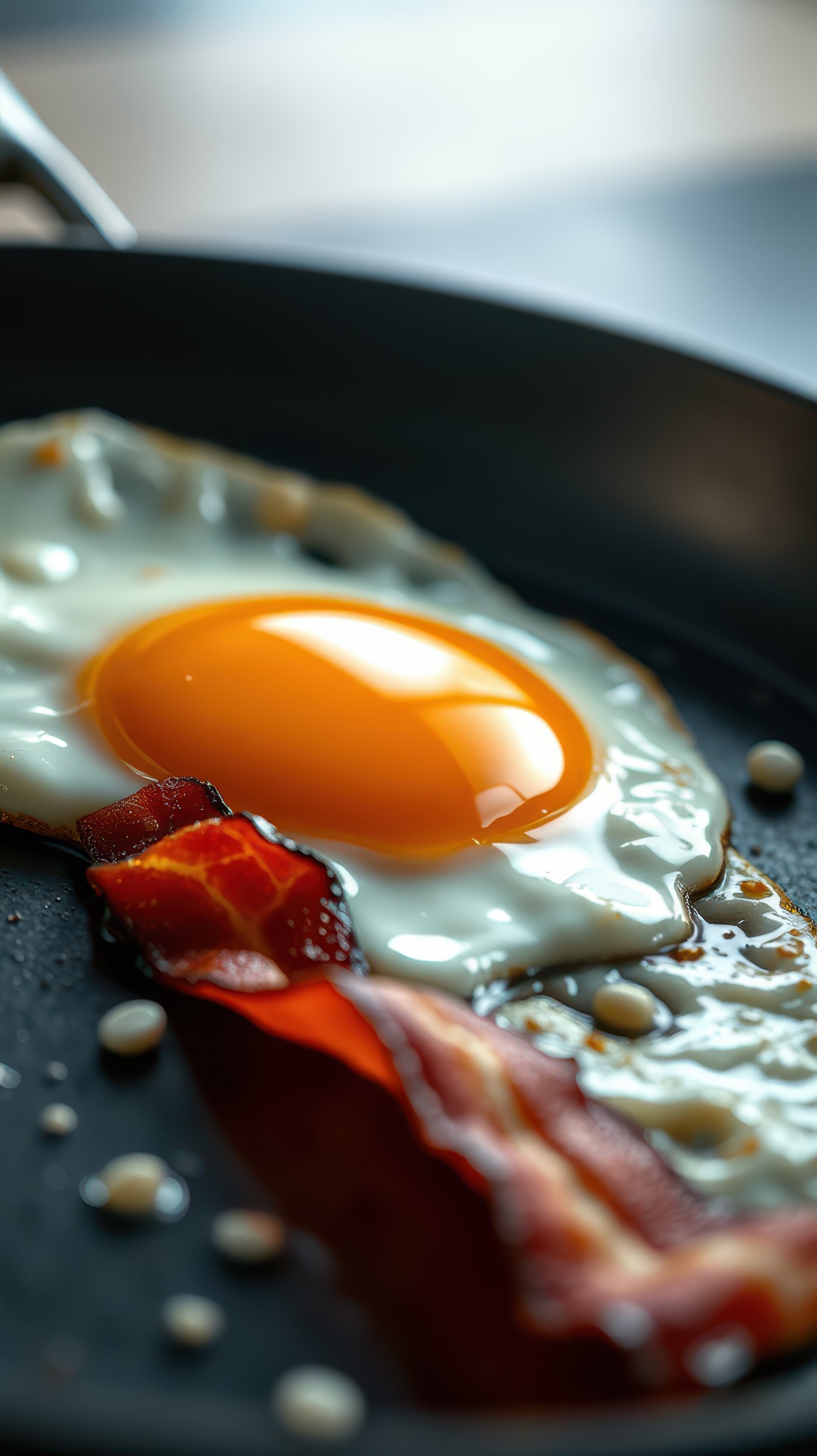 Perfectly cooked sunny side up egg alongside crispy bacon on a frying pan in a cozy kitchen setting